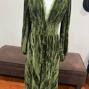 Green Ruched Wrap Gown with Bishop Sleeves